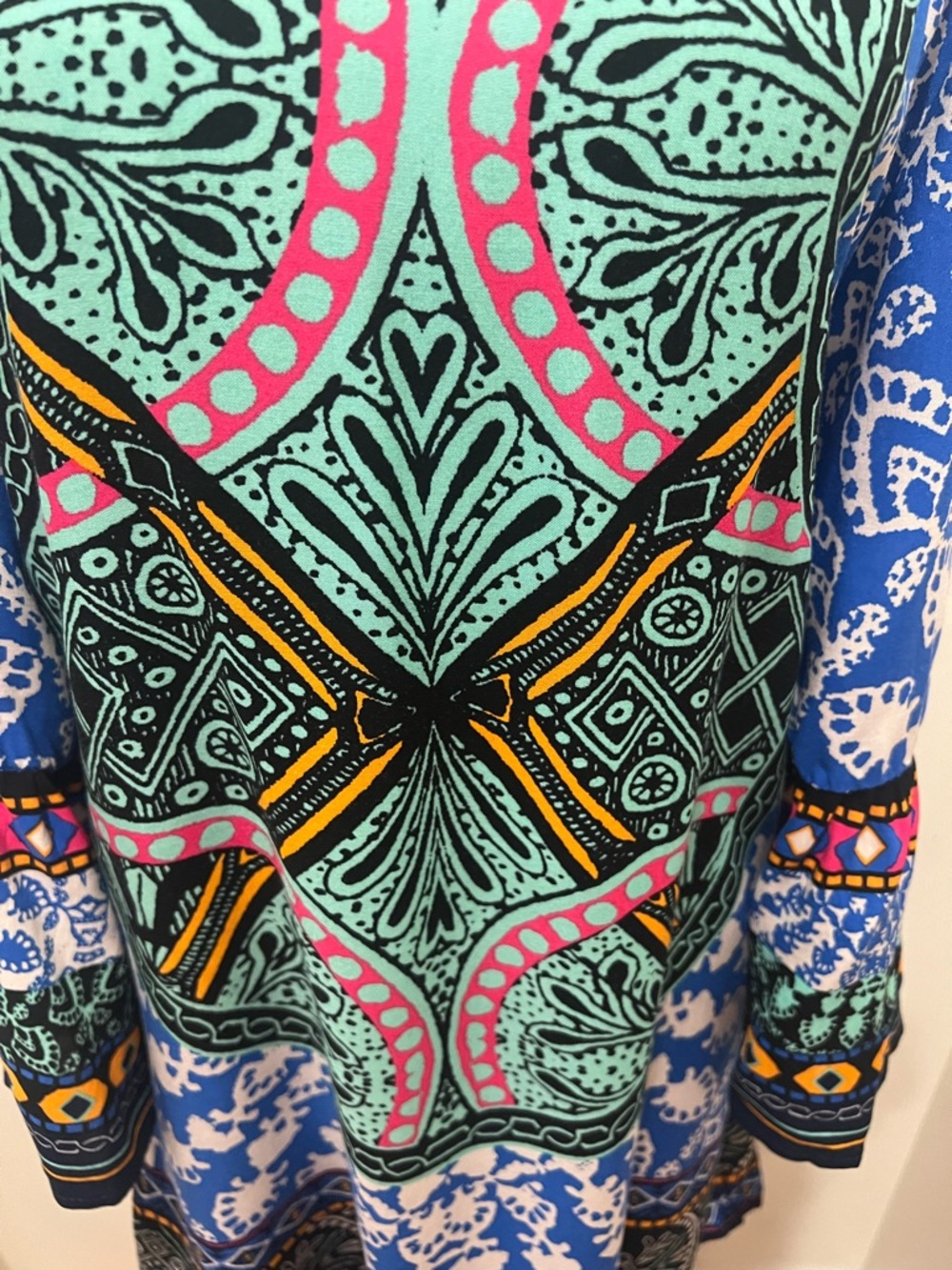 Boho Off Shoulder Shift Dress Small Blue Pink Tribal Print Bell Sleeve Lined - Picture 5 of 15